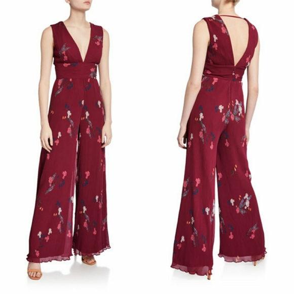 Keepsake Night Fall Floral Printed V-Neck Open Back Jumpsuit Cutout Wide Leg - Picture 1 of 8